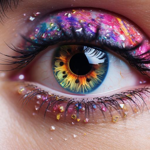 an up close macro photo of a person's eyes. Irises and pupils replaced with a Fibonacci kaleidoscope kaleidoscopic pattern multicolored. Rainbow dusted powdered glitter eyelashes and teardrops falling
