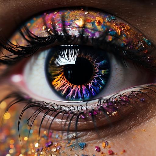 an up close macro photo of a person's eyes. Irises and pupils replaced with a Fibonacci kaleidoscope kaleidoscopic pattern multicolored. Rainbow dusted powdered glitter eyelashes and teardrops falling