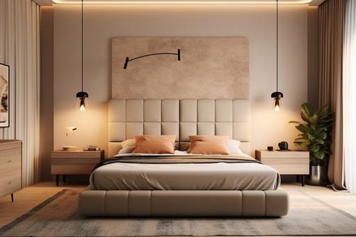 an upholstered headboard with indirect lighting. cozy and sofisticated bedroom. neutral colors. --ar 3:2 --v 5.1 --q 2 --s 750