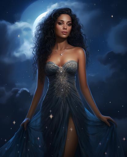 an upper-body old fantasy richly-painted digital character portrait of a gorgeous mystical medieval high fantasy goddess, 30 years old, with extremely-long curly black hair, wearing a luxurious long Ancient Greek dark-blue dress, wearing jewels, standing, night sky, stars, dreams in the background - fantasy, digital painting, upper-body, full detail, long shot, wide angle, vivid color, hyper-detailed, beautifully color-coded, insane details, intricate details, beautifully color graded, insanely detailed and intricate, elegant, super detailed, ultra-detailed, intricate details, full color, cinematic --ar 17:21 --v 5.2