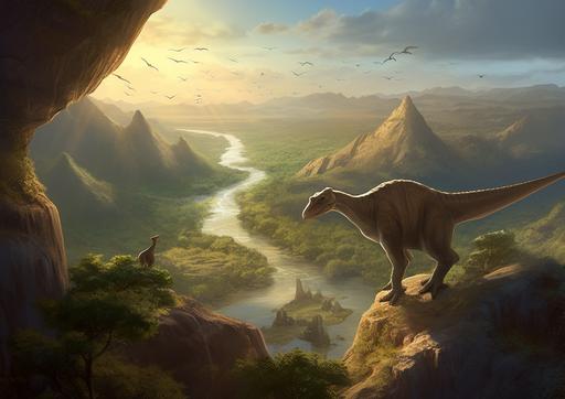an wide angle, bird’s eye view illustration by Aaron J Riley and Bob Kehl and Stanley Artgerm Lau of a prehistoric world , where only early small teradactyl fly in a prehistoric environment;;2.0 Volumetric lighting --ar 14:10 --s 100  --no feathered birds --v 5