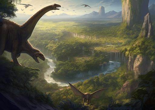 an wide angle, bird’s eye view illustration by Aaron J Riley and Bob Kehl and Stanley Artgerm Lau of a prehistoric world , where only early small teradactyl fly in a prehistoric environment;;2.0 Volumetric lighting --ar 14:10 --s 300  --no feathered birds --v 5