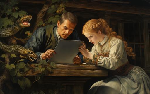 anachronistic | by mierlu ::0 Adam checks his emails on a macbook pro while eve eats an apple. they are under the apple tree and there is a snake. painted by Jheronimus Bosch, anachronistic --v 5.2 --ar 16:10 --s 232
