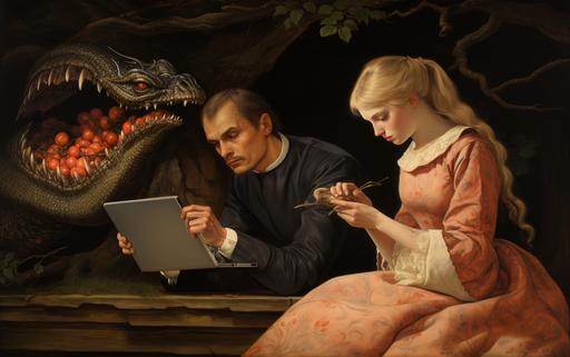 anachronistic | by mierlu ::0 Adam checks his emails on a macbook pro while eve eats an apple. they are under the apple tree and there is a snake. painted by Jheronimus Bosch, anachronistic --v 5.2 --ar 16:10 --s 232