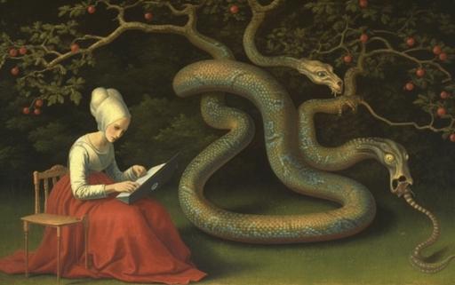 anachronistic | by mierlu ::0 Adam checks his emails on a macbook pro while eve eats an apple. they are under the apple tree and there is a snake. painted by Jheronimus Bosch, anachronistic --v 5.1 --ar 16:10 --s 232