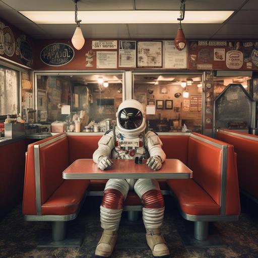 anachronistic alienated, space themed, realistic, astronaut, 1960s vintage diner drive in