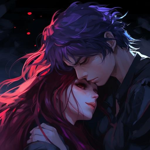 anaglyphic, anime girl, black and purple hair, purple eyes, cuddling, anime man, black and red hair, red eyes,