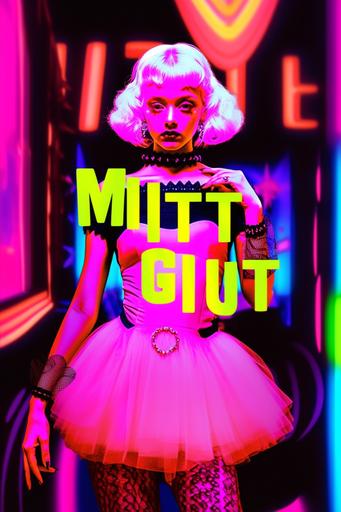 analog photo of bright neon little miss muffet fashion graphic design, 