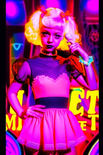 analog photo of bright neon little miss muffet fashion graphic design, 