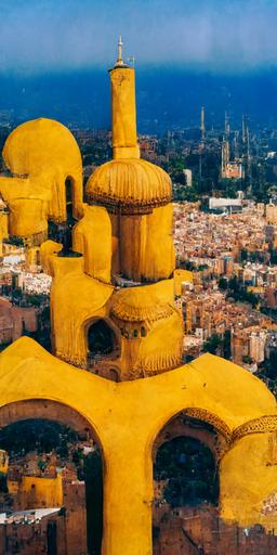 analog photography of a barcelona like landscape from above, all buildings are temples, golden roof, complementary colours, ancient, egypt, mosque, jemen, very high detail, 8k —ar 9:18