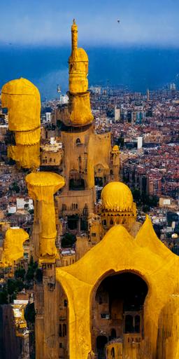 analog photography of a barcelona like landscape from above, all buildings are temples, golden roof, complementary colours, ancient, egypt, mosque, jemen, very high detail, 8k —ar 9:18