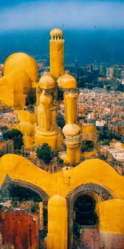 analog photography of a barcelona like landscape from above, all buildings are temples, golden roof, complementary colours, ancient, egypt, mosque, jemen, very high detail, 8k —ar 9:18