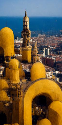 analog photography of a barcelona like landscape from above, all buildings are temples, golden roof, complementary colours, ancient, egypt, mosque, jemen, very high detail, 8k —ar 9:18 --uplight