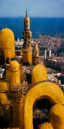 analog photography of a barcelona like landscape from above, all buildings are temples, golden roof, complementary colours, ancient, egypt, mosque, jemen, very high detail, 8k —ar 9:18