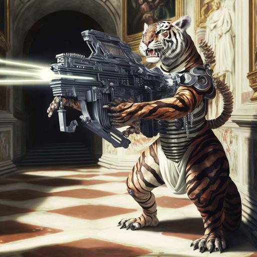 anamorphic alien, wearing a tiger fur coat, holding a big machine gun, by caravaggio --v 4 --c 55 --stylize 999 --q 0.5 --s 1000 --s 5000 --s 5000