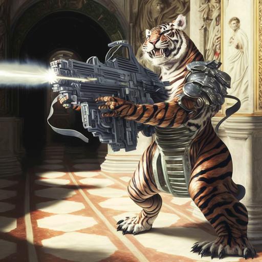 anamorphic alien, wearing a tiger fur coat, holding a big machine gun, by caravaggio --v 4 --c 55 --stylize 999 --q 0.5 --s 1000 --s 5000 --s 5000