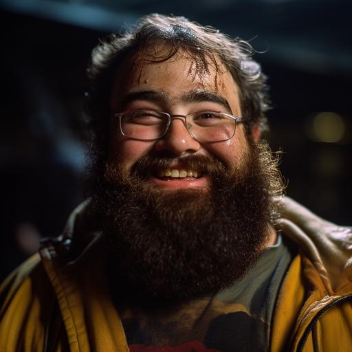 ananlog picture in close up of a nineties fat nerd geek with with beard a funny face on a movie set