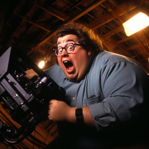 ananlog picture of the nineties of a fat nerd geek having an astonishment reaction on an indoor shooting film set studio