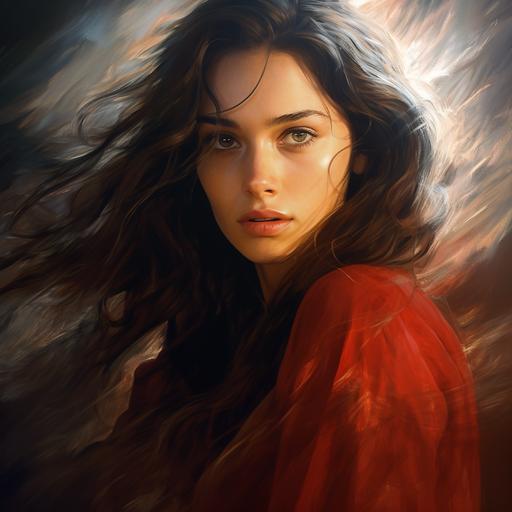 Masterpiece: Woman portrait, mid 30's, long black messy hair, greyblue eyes, red dress, digital painting, by van Gogh style, 8k resolution, highly detailed, ultra-high quality, ethereal atmosphere with god rays, iridescent gold tones, cinematic lighting, sumi-e.
