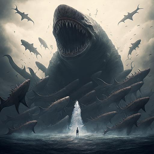ancestral monster beast towering over a sea of dead sharks