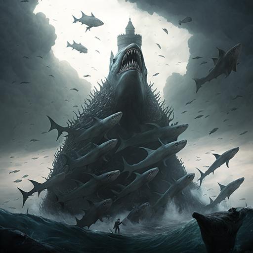 ancestral monster beast towering over a sea of dead sharks