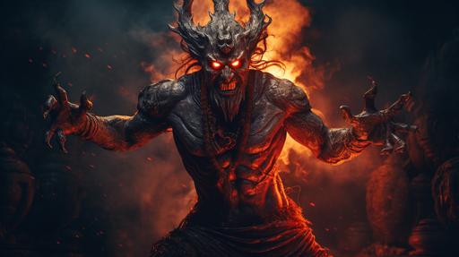 ancient Indian demon, angry body language, standing on two legs, demon with 8 hands. Demon with long fingers, 16 feet demon, full body shot, demonic crown on head, red eyes, ancient Indian background, night sky, rain, dark visual, photorealistic image, cinematic lighting, rim lighting, attacking mood, moody vibe, high resolution, 8k resolution, --ar 16:9
