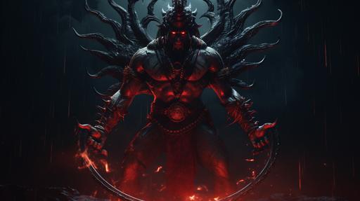 ancient Indian demon, angry body language, standing on two legs, demon with 8 hands. Demon with long fingers, 16 feet demon, full body shot, demonic crown on head, red eyes, ancient Indian background, night sky, rain, dark visual, photorealistic image, cinematic lighting, rim lighting, attacking mood, moody vibe, high resolution, 8k resolution, --ar 16:9