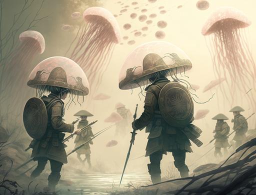 ancient Sengoku Jidai painting of the jellyfish wars, two jellyfish armies face each other on the battlefield. muted tones, desolate, stunning details --ar 4:3 --no people