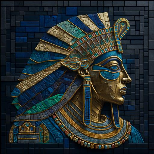 ancient blue and green individual mosaic tiled masterpiece of all ancient egyptian gods combined into one energy in dark reflective gold