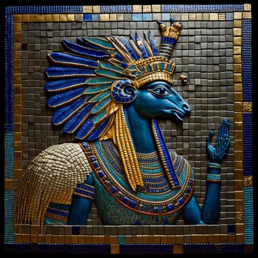 ancient blue and green individual mosaic tiled masterpiece of all ancient egyptian gods combined into one energy in dark reflective gold