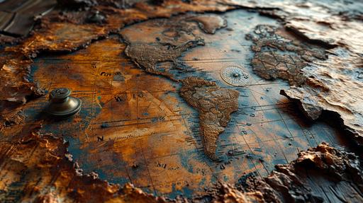 ancient cartography image of the world map , parchement paper , worn out, dusty , curled , slightly smoked edges , beautiful , bas-relief --ar 16:9 --stylize 750 --v 6.0