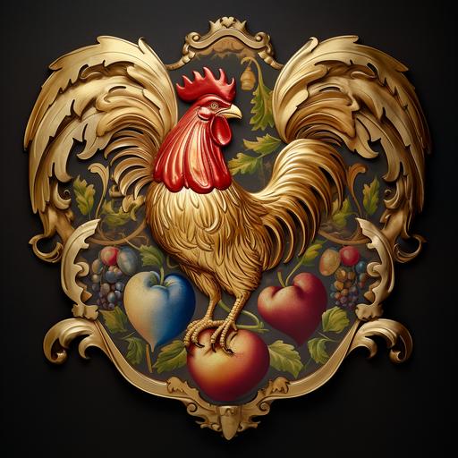 ancient family shield, logo, gold, displaing rooster and apple