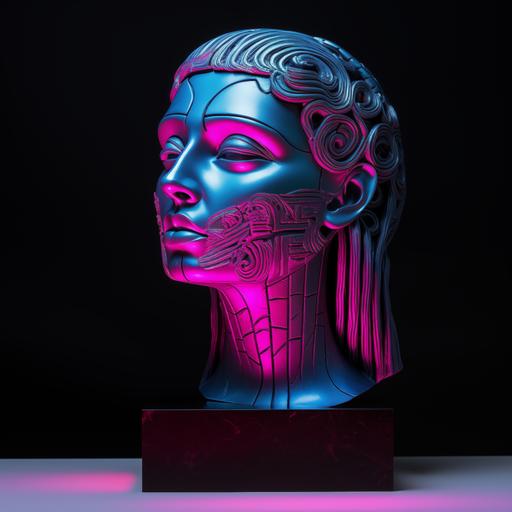 ancient greek woman sulpture face in the style of metalic sculpture, with neon pink and blue color painted on the face, strong contrast between light and dark, ancient greek motivs