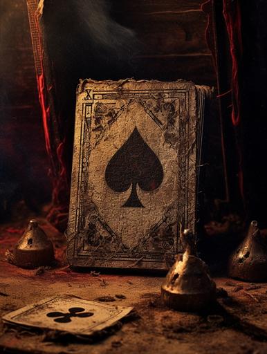 ancient tome with elaborate ace of spades logo on the cover, uncovered in a dusty cellar, dark fantasy --s 1000 --ar 3:4