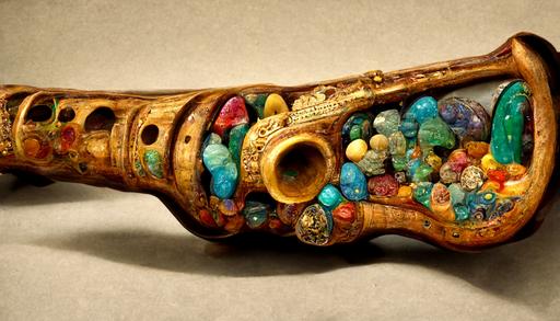 ancient wooden saxophone, colorful gems on it, highly detailed --ar 16:9