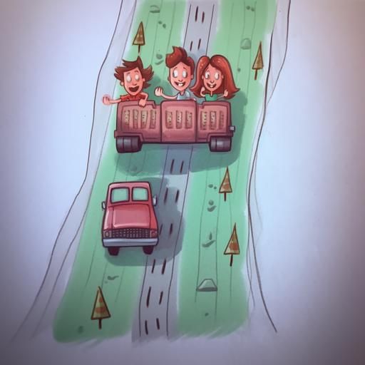 a family driving to mothers day, pixar cartoon style
