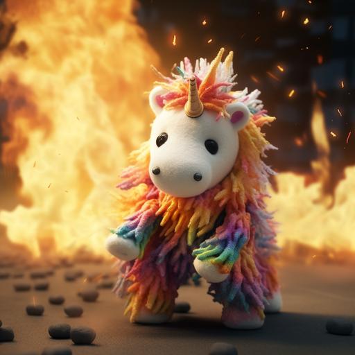 a unicorn stuffed animal breathing rainbow fire, apocalyptic pixar cartoon style --v 5.1