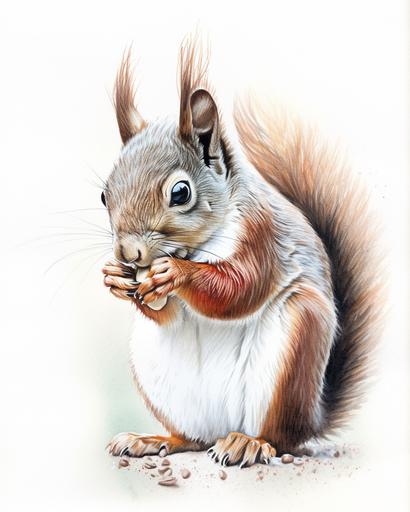 watercoloured pencil drawing of a closeup of a squirrel with a nut in it's mouth --ar 4:5 --v 5
