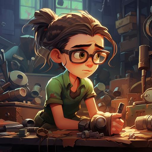 A young girl with glasses and a green shirt, green eyes, pony tail, in a cluttered workshop, using a wrench, apocalyptic pixar cartoon style