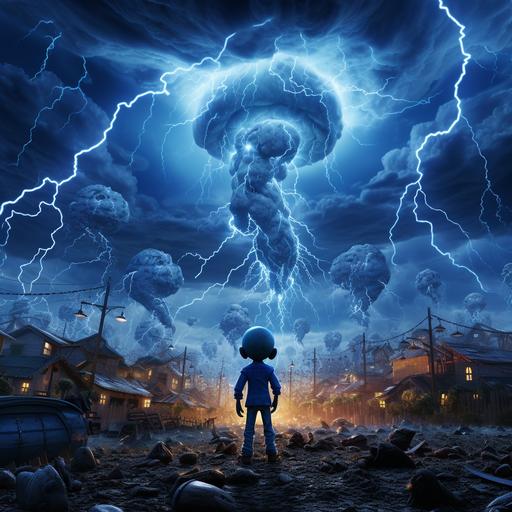 Pixar cartoon, blue electric shock across an apocalyptic battlefield, apocalyptic pixar cartoon style