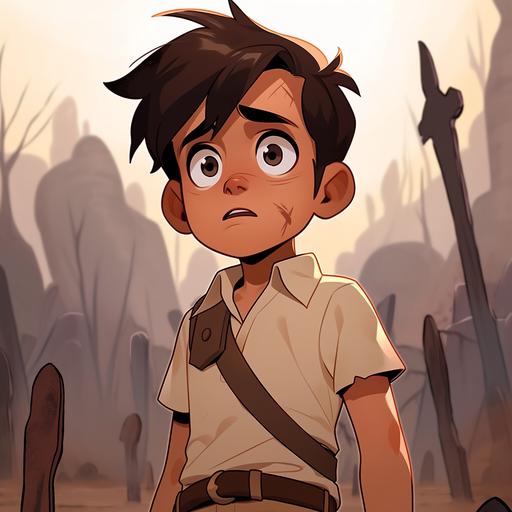 Young boy with white shirt and brown shorts looking down in shock, apocalyptic pixar cartoon style --niji 5