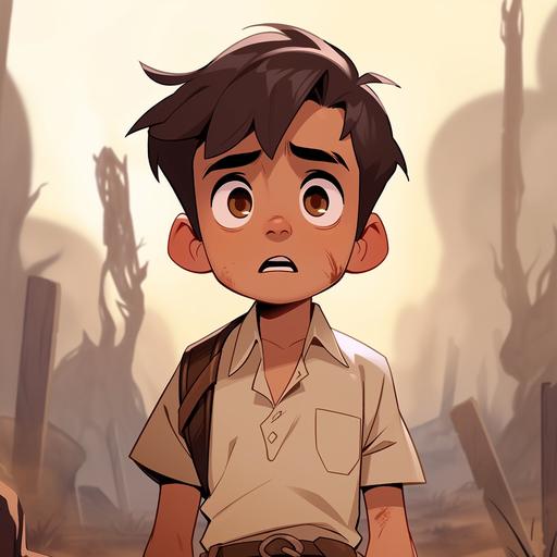 Young boy with white shirt and brown shorts looking down in shock, apocalyptic pixar cartoon style --niji 5