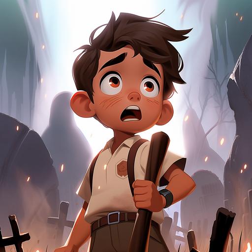 Young boy with white shirt and brown shorts looking down in shock, apocalyptic pixar cartoon style --niji 5