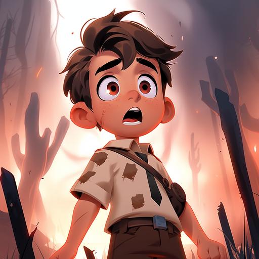 Young boy with white shirt and brown shorts looking down in shock, apocalyptic pixar cartoon style --niji 5