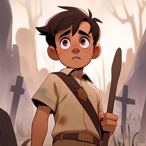 Young boy with white shirt and brown shorts looking down in shock, apocalyptic pixar cartoon style --niji 5