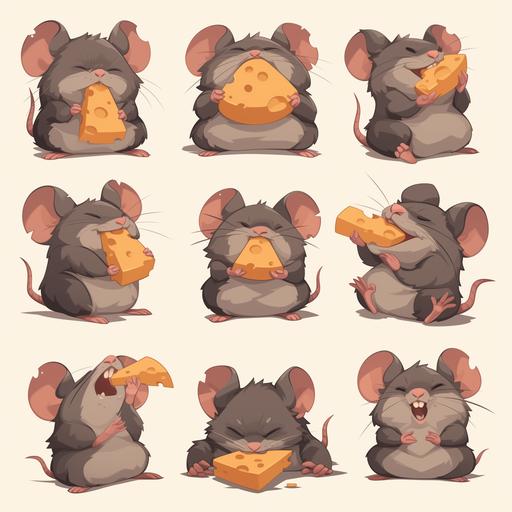 a set of twitch emotes of a grey rat eating cheese, cartoon style --s 750 --niji 6