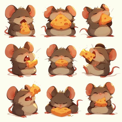 a set of twitch emotes of a rat eating cheese, cartoon style --s 750 --niji 6