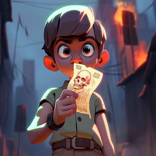 close up of young boys hand holding a dollar bill, apocalyptic pixar cartoon style --style expressive --niji 5