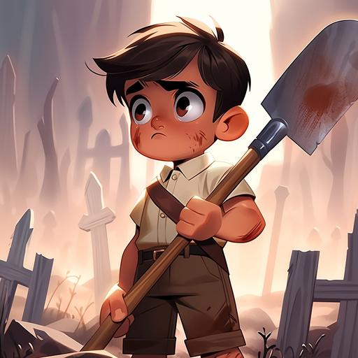young boy with white shirt and brown shorts holding an shovel and looking down in shock, apocalyptic pixar cartoon style --niji 5