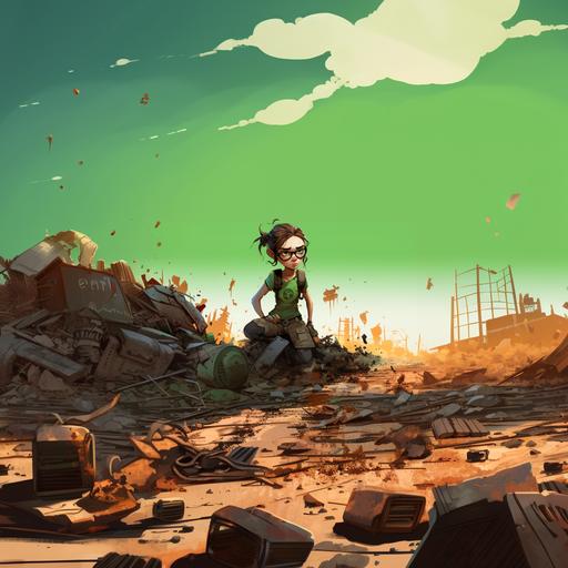 young girl with glasses and a green shirt, green eyes, pony tail, picking up dirt from a destroyed battleground, serious, apocalyptic pixar cartoon style --v 5.2